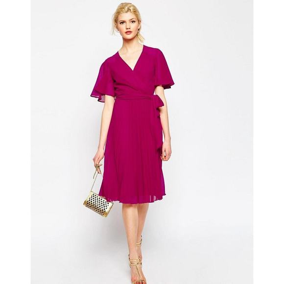 ASOS Pleated Wrap Midi Short Sleeve Dress Tie Waist in Cranberry - Picture 1 of 7